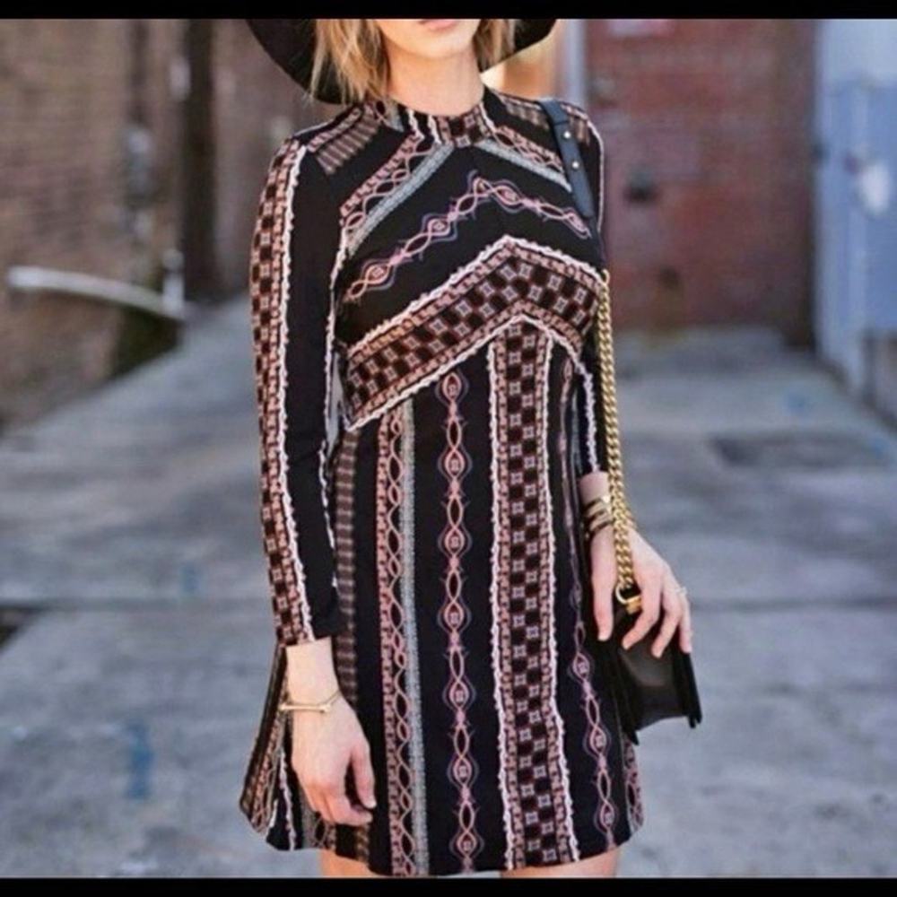 Free People Dress Stella Knit Mini Mock Neck Long Sleeve Black Multi Boho Small